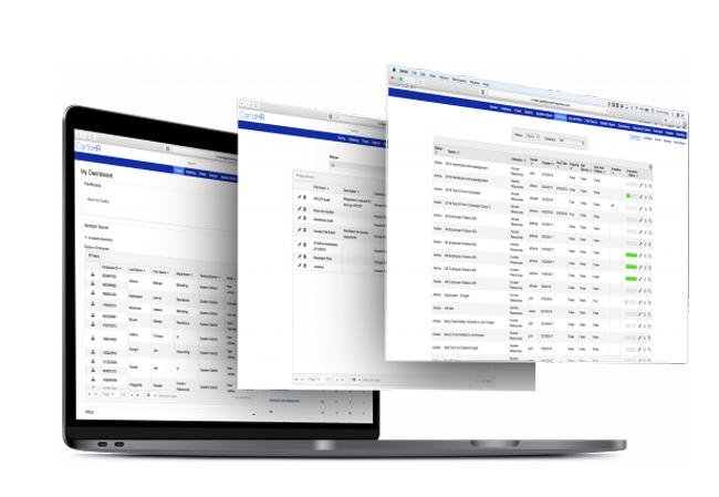 Laptop with two additional layers of screen views demonstrating document management software integration